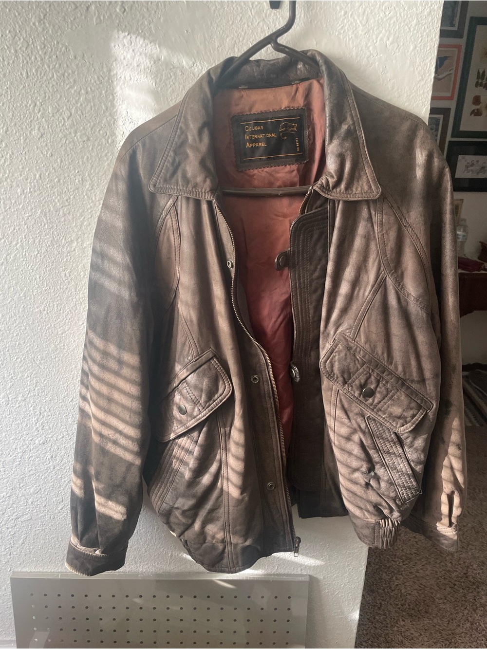 Cougar Brown Leather Bomber Jacket with Rust Interior